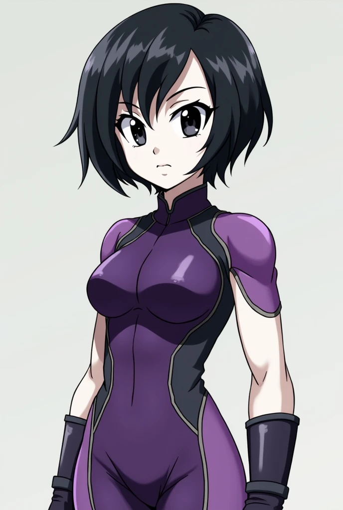  A feminine character from Dragon Ball ,  white skin and short hair , black and shiny,  with expressive black eyes .  She is wearing a modern and functional battle costume in shades of purple , made of reinforced fabric ,  with subtle details in darker ton...