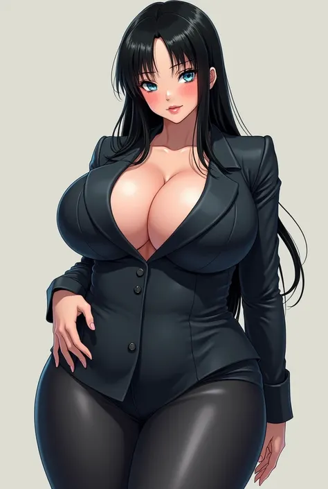 A high school girl with very big breasts, a big pelvis, big hips, wet clothes, blush, long black hair, blue eyes, and a suit