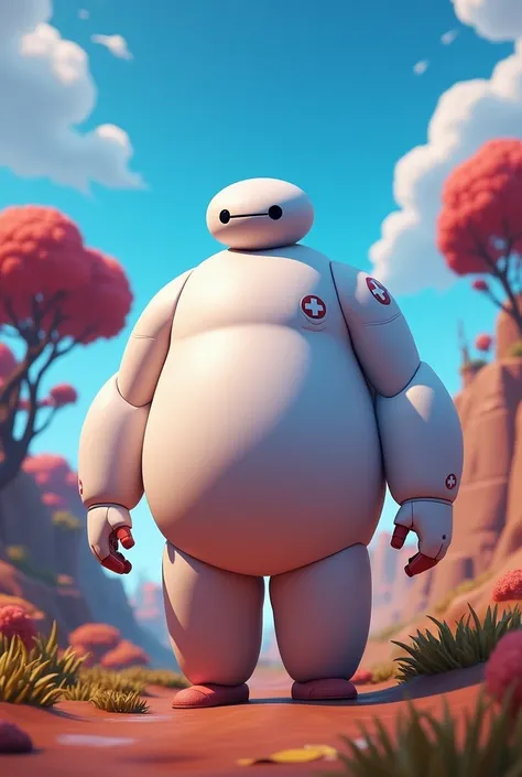 The theme of my live today is  " IN SEARCH OF THE NEW BAYMAX SKIN "  so generate an image of Fortnite with the Baymax skin n forget its with his red armor