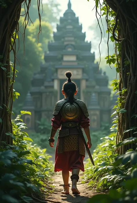 
 A young warrior in batik-patterned armor ventures into a vine-covered temple, where the jungle conceals sacred relics of a lost dynasty.