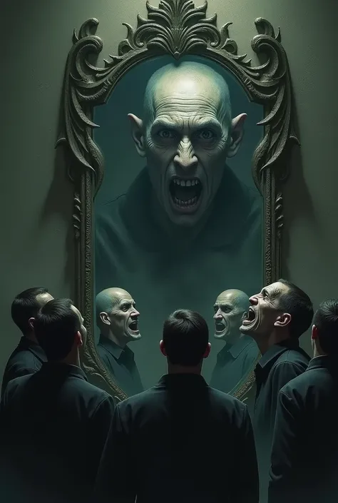 Faces of frightened male people in front of a demonic mirror