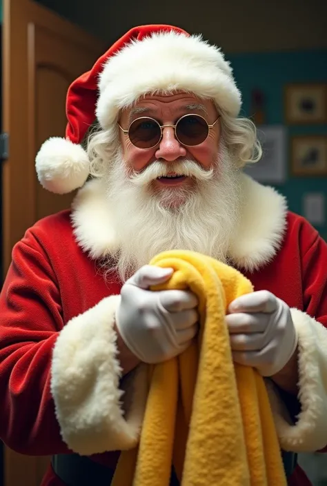 Santa Claus with rocker lens holding pastel yellow towels 
No fringes below