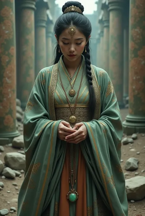 The queen, in traditional attire, grasps a locket carved from jade, standing by the temple ruins, her heart heavy with longing.