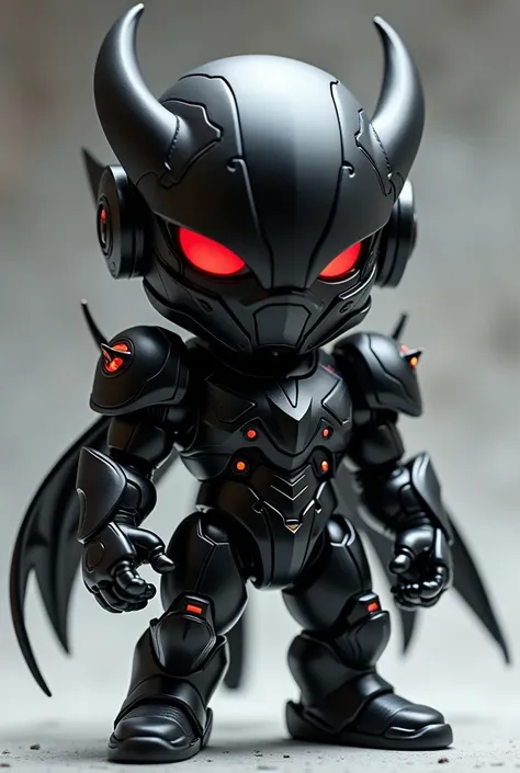  A futuristic chibi character representing Kaos ,  shown in a static pose full body and completely in front .  Kaos is an imposing titan with completely matte black armor , representing evil or the dark .  The armor has a terrifying and powerful design ,  ...