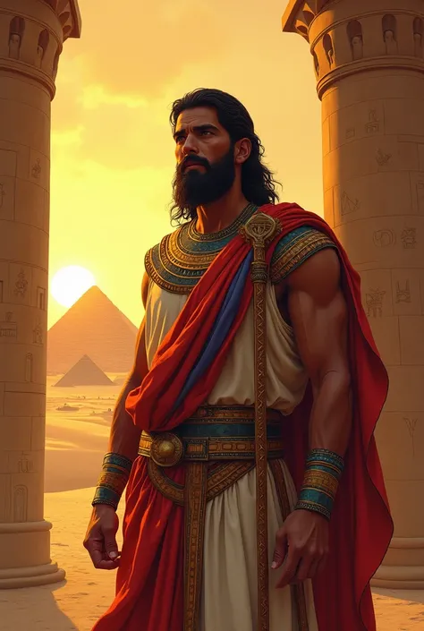 " Create a highly detailed illustration of Joseph from the Bible , set in ancient Egypt .  Portray him wearing a vibrant and multicolored tunic to symbolize your status and surrounded by Egyptian architecture,  like tall pillars and walls adorned with hier...