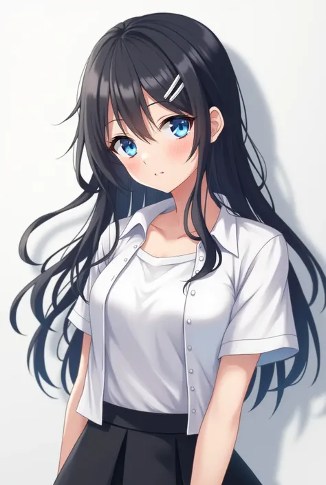 anime school girl blue eyes long black hair with white hair clip white unbuttoned shirt and white t-shirt underneath and black skirt 