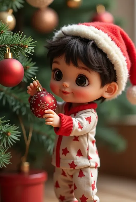 A doll of a one-year-old boy with big black eyes and short hair and little hair wearing a Christmas hat with pajamas placing a ball on it Christmas tree with the name of Yeremy Danilo 