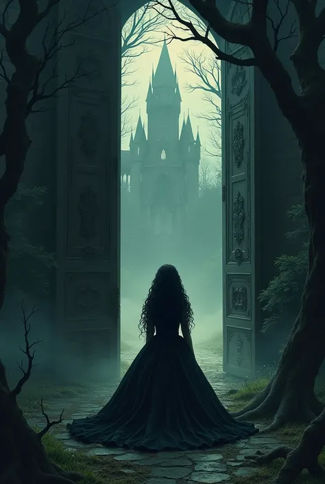 Book cover
Title in Portuguese ,  Tales of the Old Witch
In the background a haunted castle in the middle of the forest
A woman with curly hair down to her waist , Black skin tone,  dressed in a black princess dress sat at the castle door while the door wa...