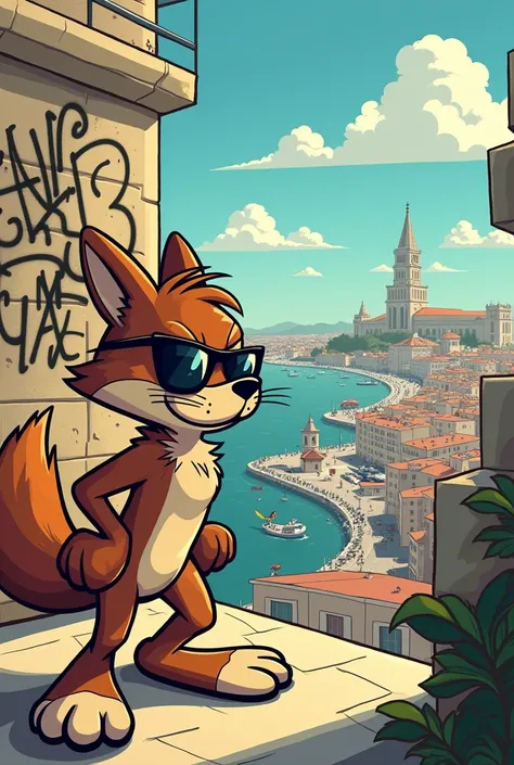 Vil Coyote avec une paire de lunette de soleil en bas de notre dame de la garde entrain de surveillé Marseille et Bip Bip entrain déchapper a la police, en arriere plan un graffiti du logo SnapChat et ecrie "MarseilleCoyote"