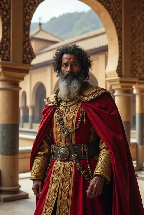 Im 80 , curly hair,  with a 10-day beard ,  dark skin and hair ,  dark brown eyes.  I also want you to draw me walking around the Palace of the Lions in the Alhambra and dressed as the king or sultan king of the kingdom of Granada in its great splendor.  I...