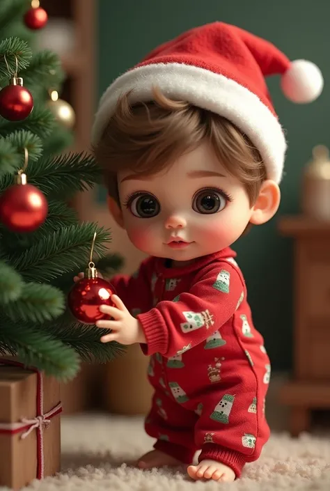 A doll of a one-year-old boy with big black eyes and short hair and little hair wearing a Christmas hat with pajamas placing a ball on it Christmas tree with the name of Yeremy Danilo 