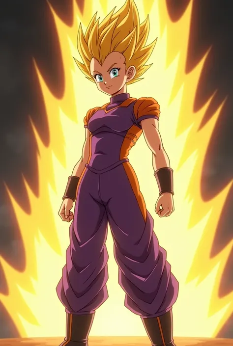  The female character with fair skin and short hair ,  now transformed into Super Saiyan ,  displays a bright and intense golden aura that pulsates around her ,  illuminating the stage with an energetic glow .  Her short hair rises slightly and takes on th...