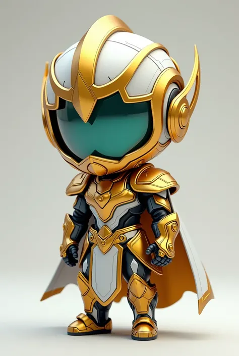 " A futuristic chibi-style character representing Eryon ,  shown in a static pose full body and completely in front . Eryon is an ancient titan ,  with predominantly gold and silver armor ,  designed to reflect his wisdom and power .  The design is robust ...