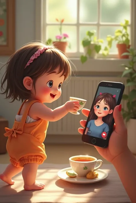 Side view, A toddler girl is offering tea cup to a smartphone (man is on video call
  ;