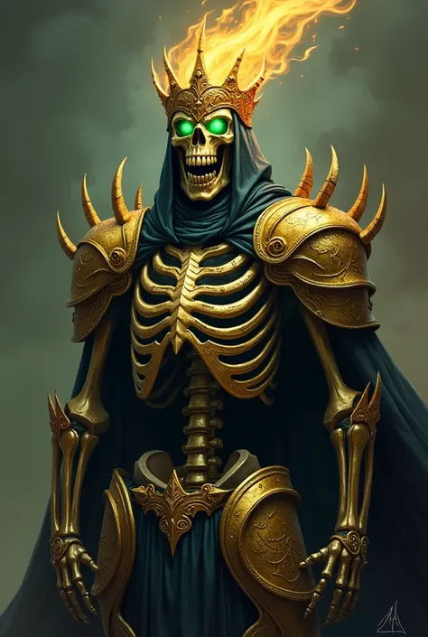 Golden skeleton king who is villain knight 
He has Green fire eyes
He has The crown of the razor blade
Like a knight
with sharp teeth