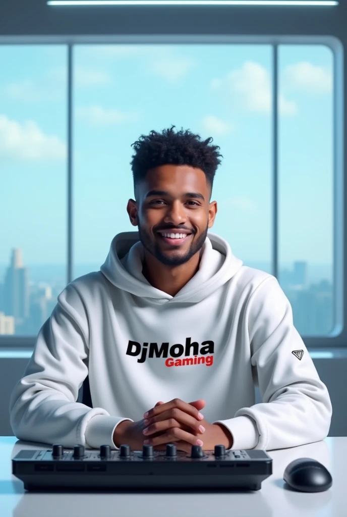 (I strongly recommend you edit this prompt to get better result.) a 20-year-old somali man friendly-looking boy sitting behind a desk in a futuristic studio, wearing a white Type in the name djmohagaming hoodie. window background, smooth, soft, ultra-sharp...