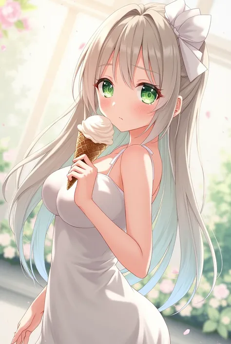 Create an image of a beautiful anime woman with long hair and green eyes wearing a dress with a bow in her hair eating ice cream she has big breasts and a very thin waist 