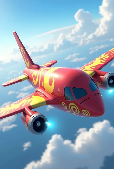 A Pokemon airplane, 2 airplane turbines on the wings, red, yellow