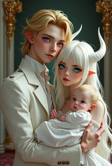 two people and a baby ,  the young man is blond with two eyes of DIFFERENT colors one eye PURPLE and another BLUE shiny golden and white royal suit and is 194 cm tall pale skin,  the girl has white hair and green eyes some white horns white fantasy dress a...