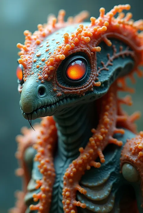 "A hyper-realistic alien creature with intricate bone-like structures and a face resembling a bird, featuring vivid, glowing orange eyes. Its body is covered in coral-like textures, vibrant organic growths in shades of orange, blue, and red, and fine, lace...