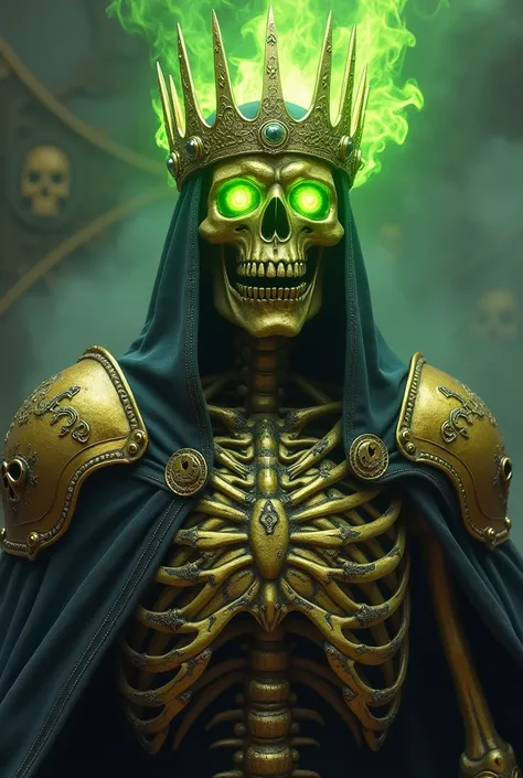 Golden skeleton king who is villain knight 
He has Green fire eyes
He has The crown of the razor blade
Like a knight
with sharp teeth
Have a knights clothes and pants
Green fire is burning from his eyes
He has golden skull 
There are skull symbols in his c...