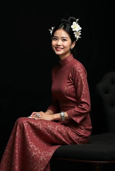 facing forward,Elegant photographic style , young and beautiful Sundanese woman , black hair in a beautiful and elegant top bun, decorated with beautiful jasmine flowers with elegant silver ornaments, wearing a traditional brocade Kebaya bridal gown , made...