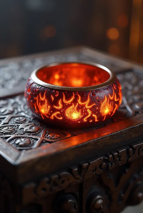 Create Magic the Gathering style: a wine-colored magic ring with flame designs on top of a medieval table 