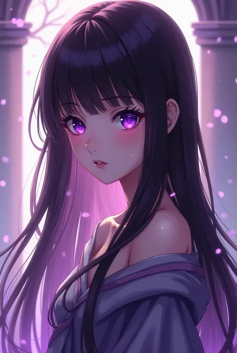 Bir GACHA OYUNUNDAN karakteri çiz She long straight dark Brown her. Eyes and bangs purple color.