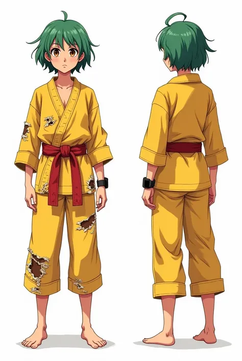 0 years old • Female • Short green hair • A scar over her left eye. Clothing style consists of an old, torn yellow karate gi, a rope tied around her waist in place of a sash. Barefoot. • Brown eyes • Watch on her wrist • Fair skin tone • Fighter • Confiden...