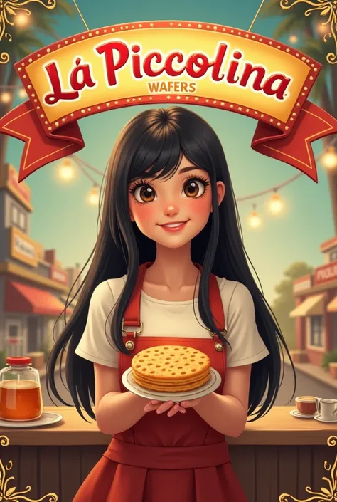  Create a fun vintage poster with a large sign  "La Piccolina wafers " with a girl with long straight black hair 