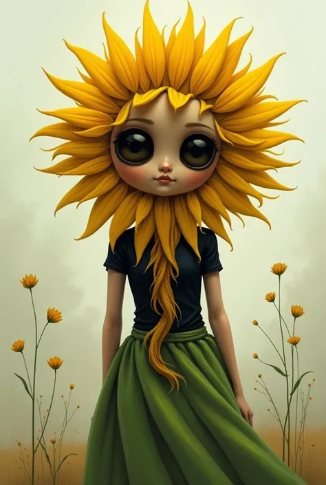 A sunflower woman with petal hair, stuck clothes,  black shirt and green skirt , Big eyes, inspired by Devianart , giant ass,  seen from behind 