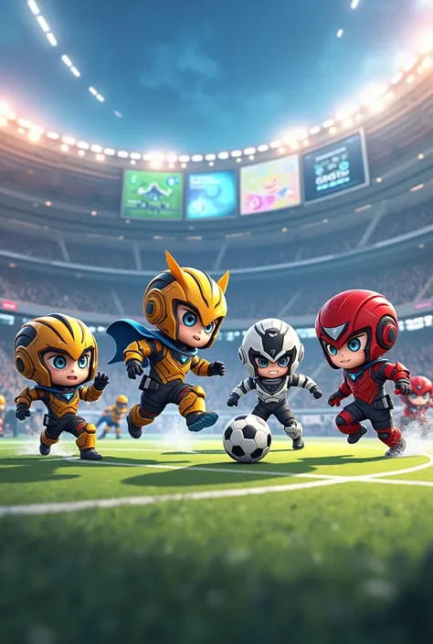  A group of futuristic chibi characters are playing soccer on a field illuminated with advanced technology .  Each character reflects their unique style while participating in the match .  Zypher ,  agile and fast ,  is in a dynamic pose running to great s...