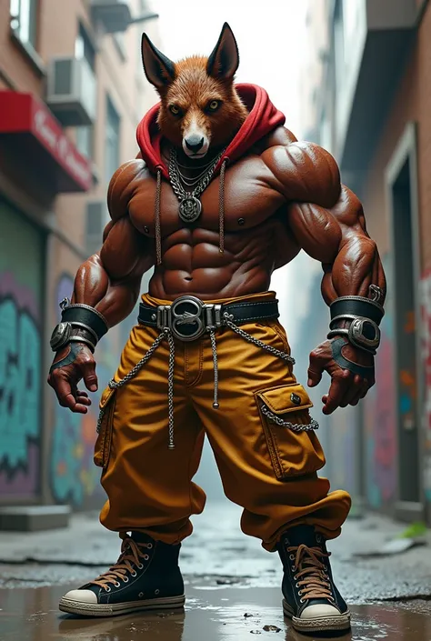 Make a muscular and strong humanoid with hiphop clothes and accessories and animal heads