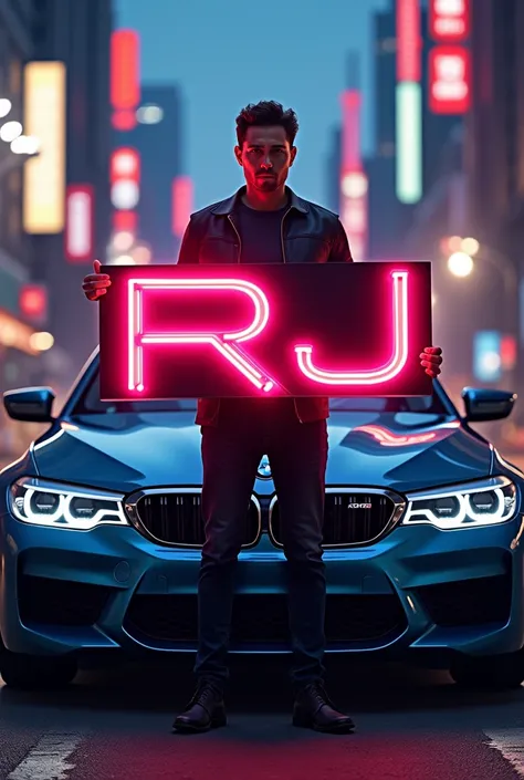 A man stand a front of bmw car and man hand a borad borad tipe a name RJ big neon lights 