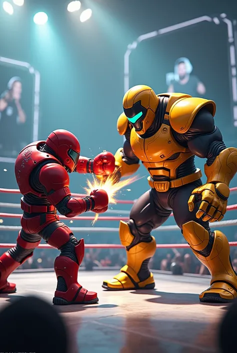 Un combate intenso de boxeo entre  Magnor  y Zorath  se desarrolla en un ring futurista iluminado por luces brillantes y rodeado de un público holográfico que anima con entusiasmo.  Magnor , with his vibrant red chibi armor and matte gray details, he is in...