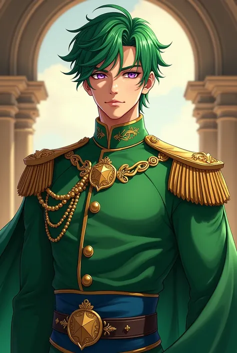 A hot teenage/mature ANIME GUY with Green hair and Violet eyes wearing a Green royal outfit.