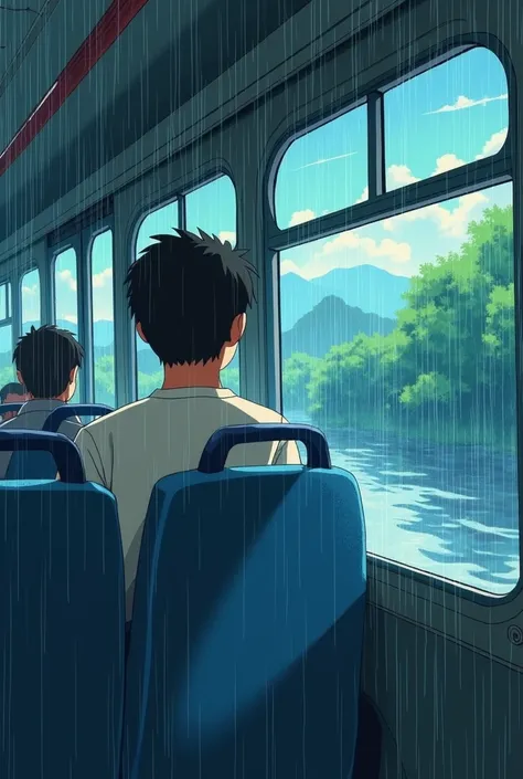 I want an image of a young man traveling on a bus I want the image of the following description traditional anime impressionist painting Japanese handmade design. Studio Ghibli style raining, landscape