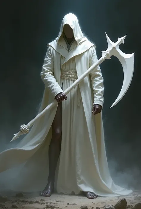 A guardian as if he were a god with a white sickle and white armor or robe frock coat has no legs, Grim style but faceless it is totally dark IT HAS NO FACE it is a semirealistic fantasy style attack position his head is covered with a white cap