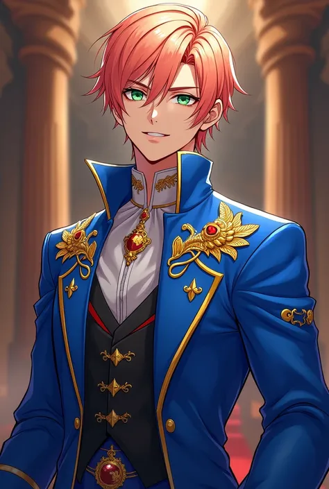 A hot teenage/mature ANIME GUY with Peach hair and green eyes wearing a Royal Blue royal outfit.