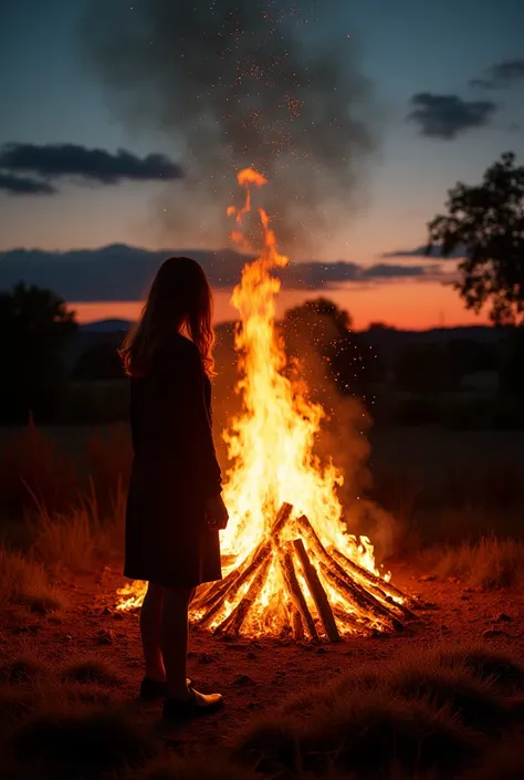 A mesmerizing sunset bonfire, silhouetted against a backdrop of twilight, captures the gaze of a solitary figure. The fires dancing flames cast an ethereal glow, evoking a sense of transformation and vibrant energy. The scene is set in a serene, rustic lan...