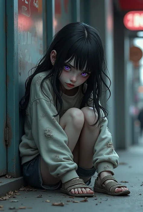  Drug addict girl with snow-white skin and dark hair.  Her eyes are purple . Shes wearing dirty ,  torn sweatshirt and dirty dirty leggings. She sleeps outside the store 