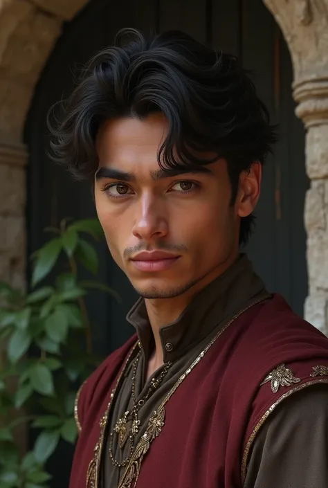 A tall brown young man with full-bodied brown eyes with a half-shaded face playing in medieval clothes with the.Very beautiful dark skin