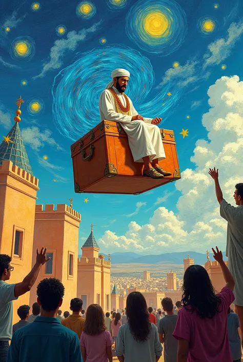 Flying suitcase in the sky on which sits an Arab prince among cheering onlookers looking from the roof of an Arab van gogh-style building