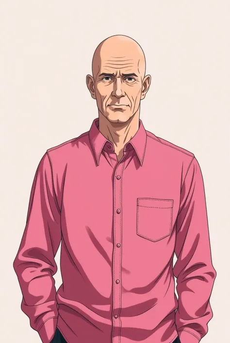 He will be a bald, average height man in his 40s, wearing a pink shirt. His photo will show him from head to toe and will be in anime font.