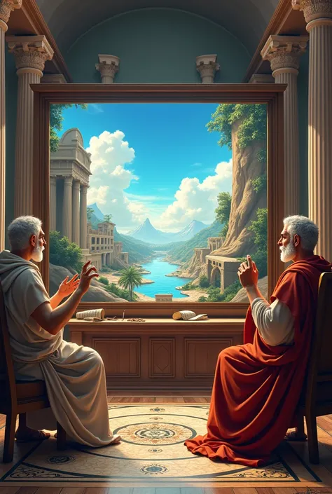  A group of Greek philosophers,  playing Smadh Bros , on a big TV , 