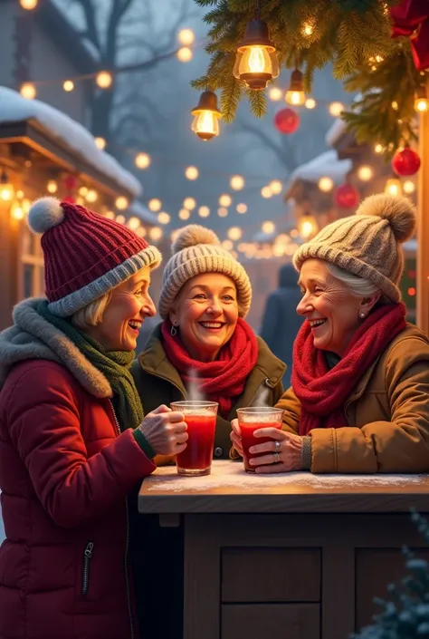 3 60-year-old women at the mulled wine stand at the Christmas market.