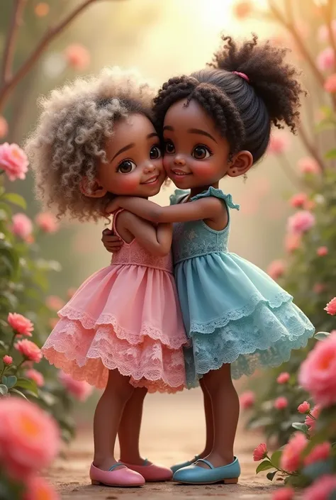 Elegant girl, Five years old , curly white hair, pink lace dress, pink shoes, , her sister with dark curly hair is standing next to her,  in a blue dress and shoes , They met hugging and kissing , laugh,  against the background of beautiful live flower bel...