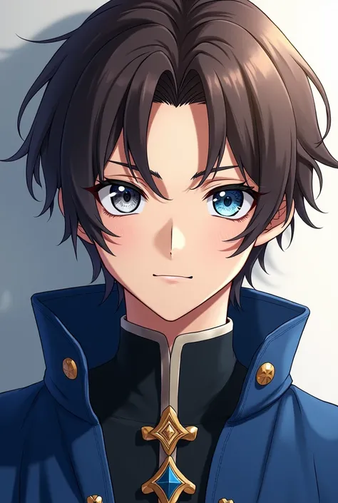 A hot teenage/mature ANIME GUY with Brown Hair and Gray left eye, Blue right eye wearing a Blue royal outfit.