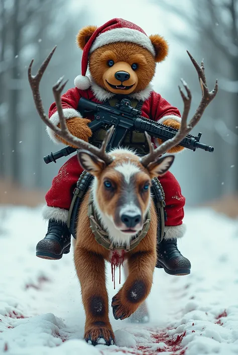  A teddy bear in a Santa Claus costume, armé jusquaux dents avec un fusil dassaut, un couteaux et des grenades. Ride a mean Christmas reindeer . Theyre covered in blood .