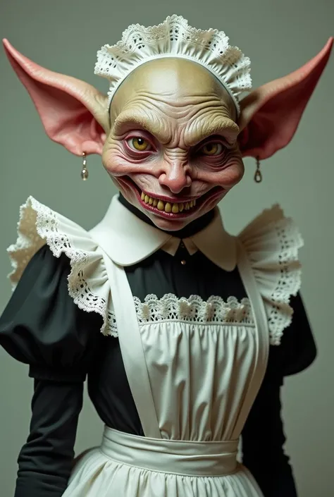 Create an image of a goblin ,  wearing maid dress and feminine makeup, he is a man , And its very ugly 